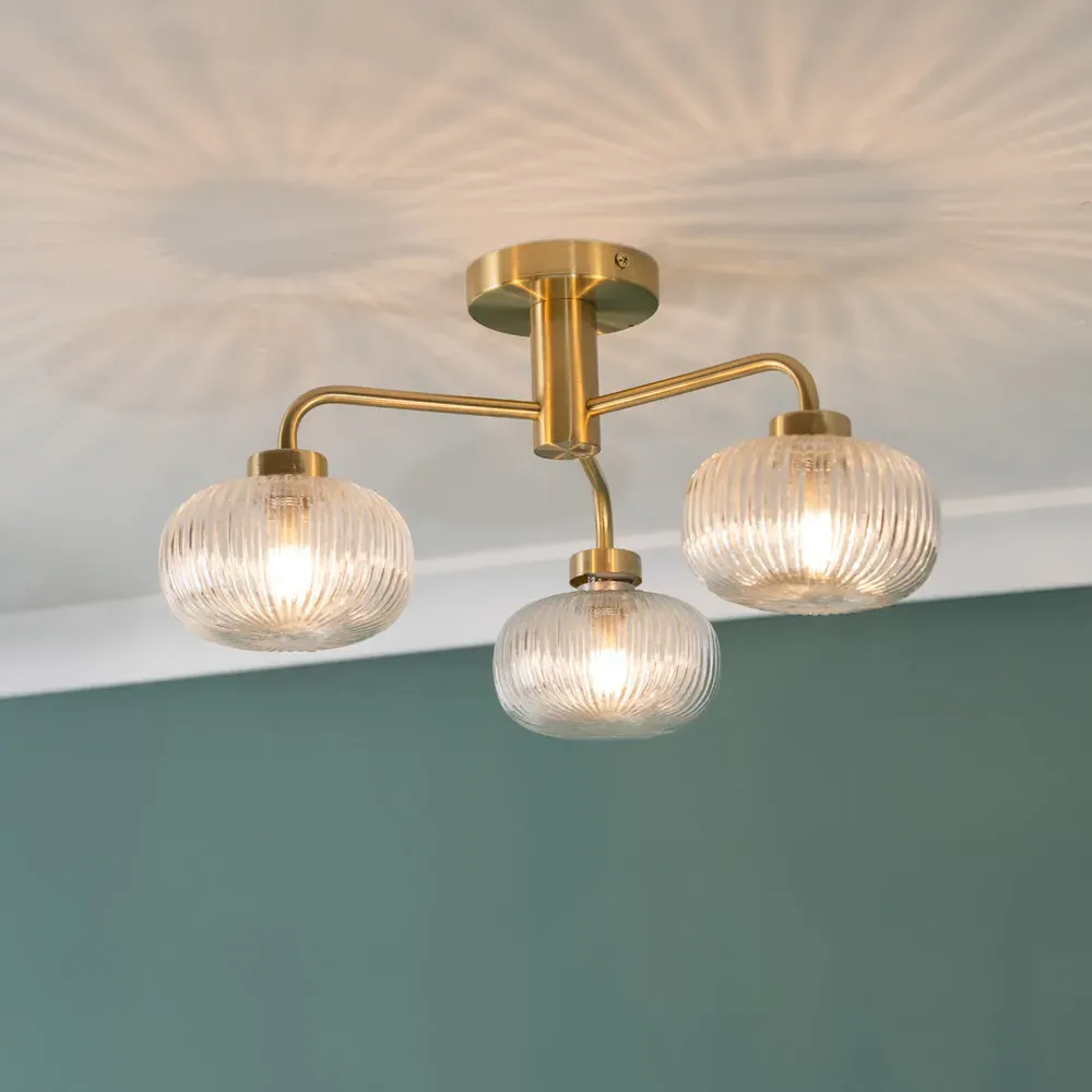 Amaia 3 Way LED Ceiling Light - Gold, Ribbed Glass