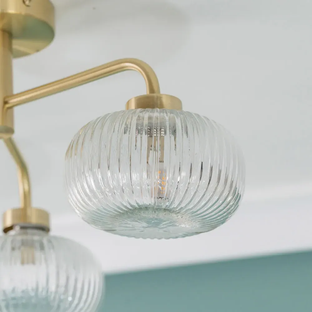 Amaia 3 Way LED Ceiling Light - Gold, Ribbed Glass