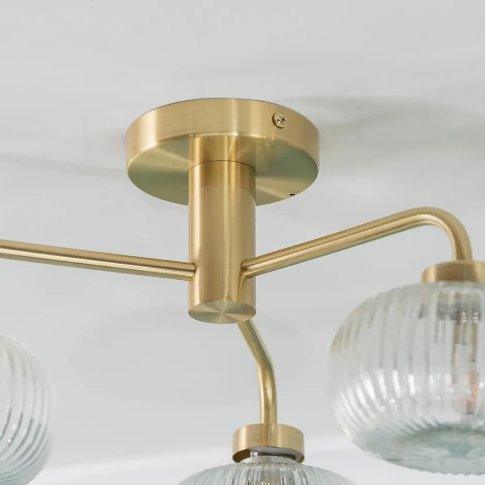 Amaia 3 Way LED Ceiling Light - Gold, Ribbed Glass