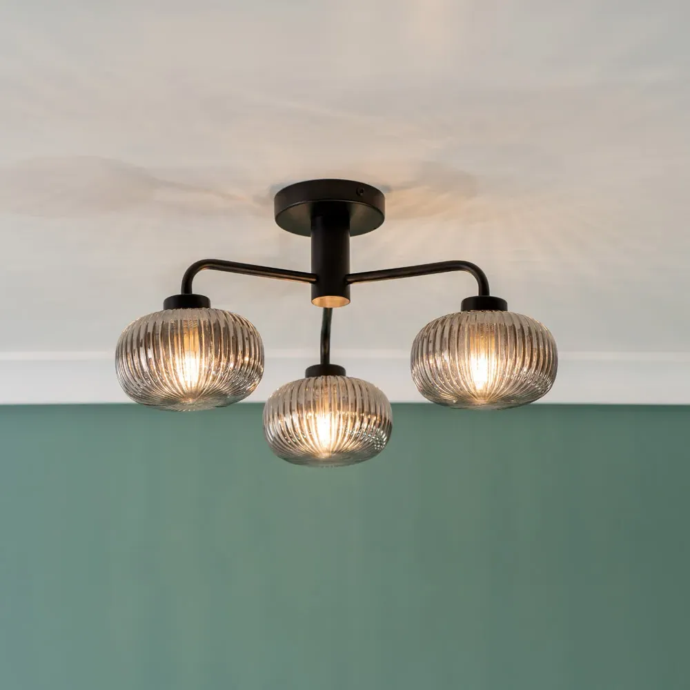 Amaia 3 Way LED Ceiling Light - Matt Black, Ribbed Glass