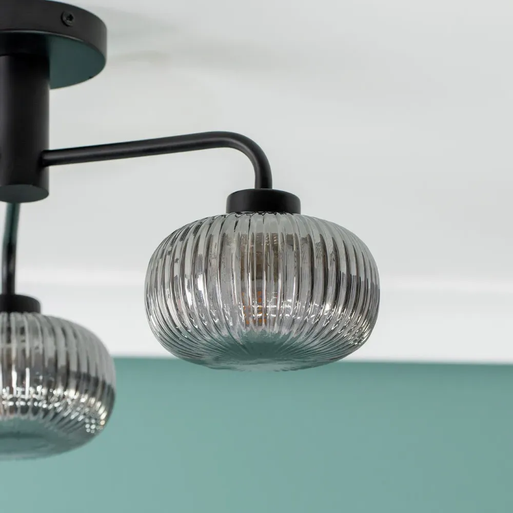 Amaia 3 Way LED Ceiling Light - Matt Black, Ribbed Glass