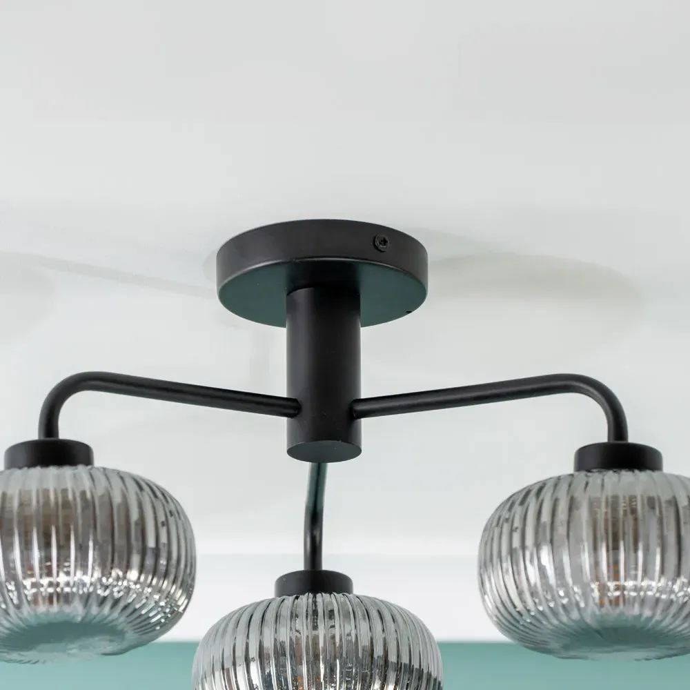 Amaia 3 Way LED Ceiling Light - Matt Black, Ribbed Glass
