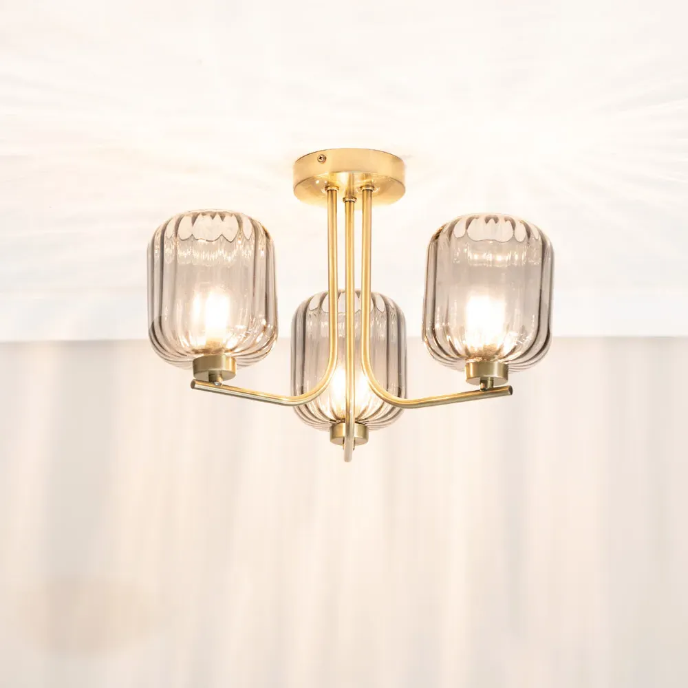 Amelie 3 Way Ribbed Glass Ceiling Pendant Light - Gold