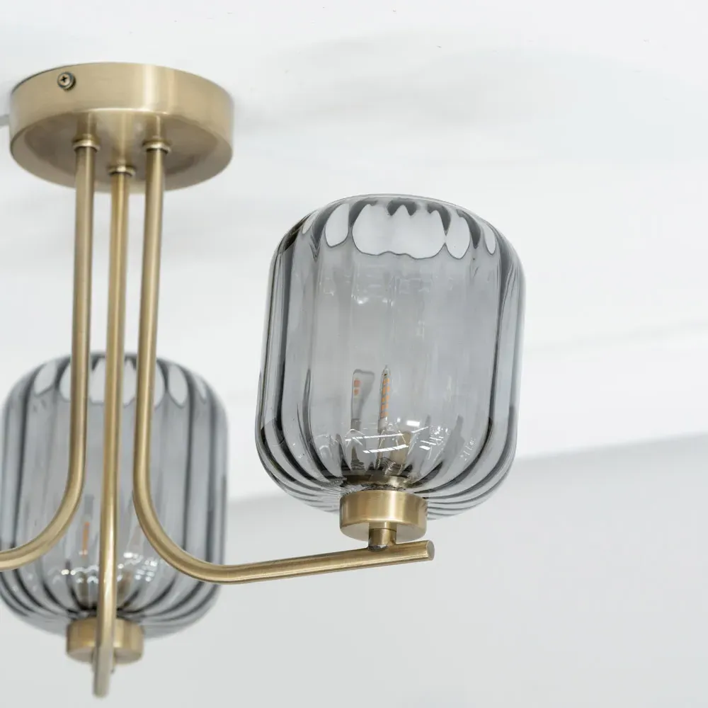 Amelie 3 Way Ribbed Glass Ceiling Pendant Light - Gold