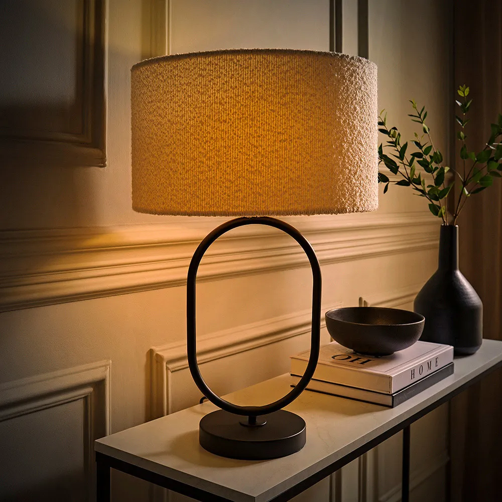 Antonia Oval Table Lamp with Drum Shade - Black, Boucle