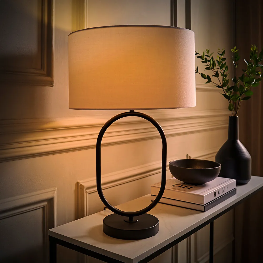 Antonia Oval Table Lamp with Drum Shade - Black, Fabric