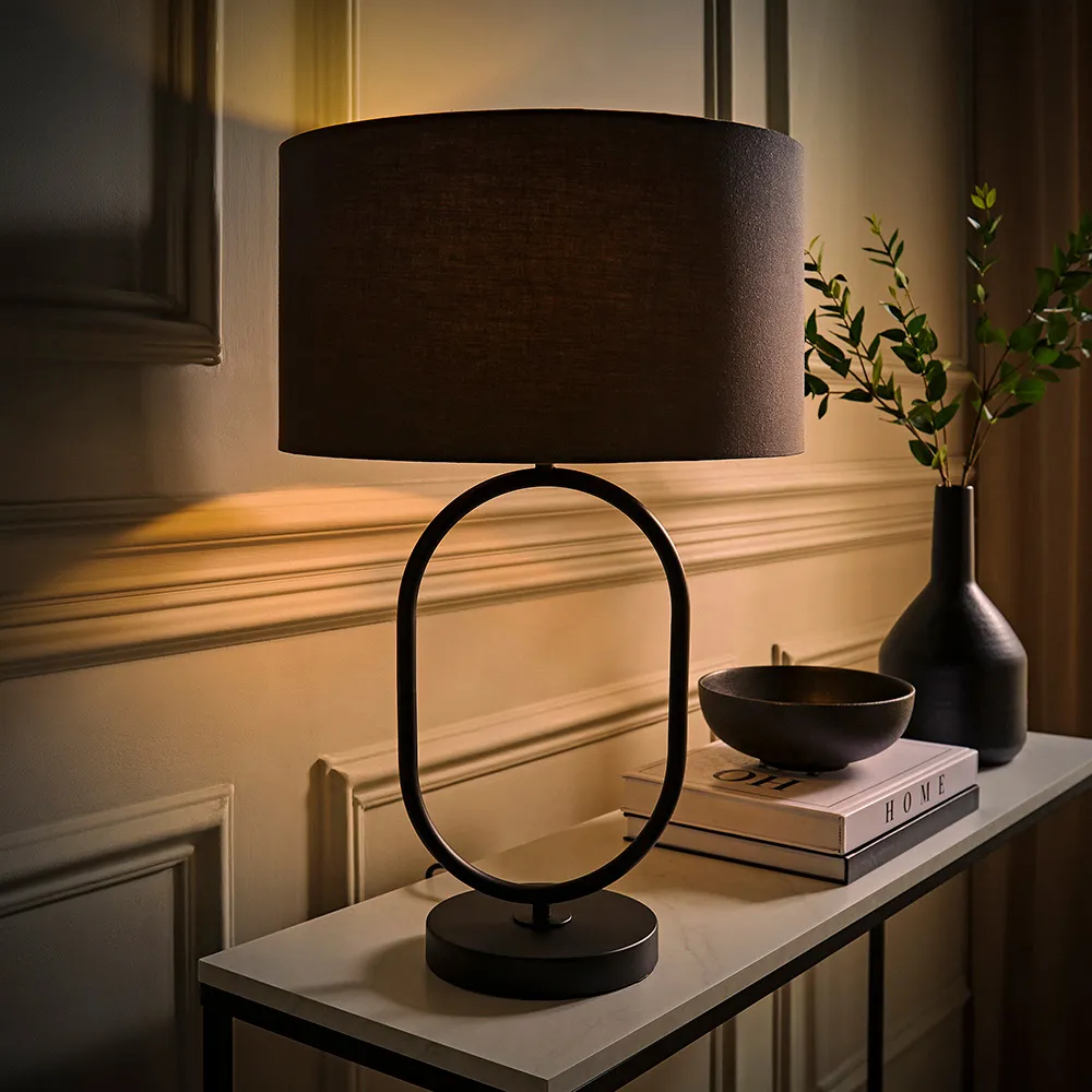Antonia Oval Table Lamp with Drum Shade - Black, Fabric