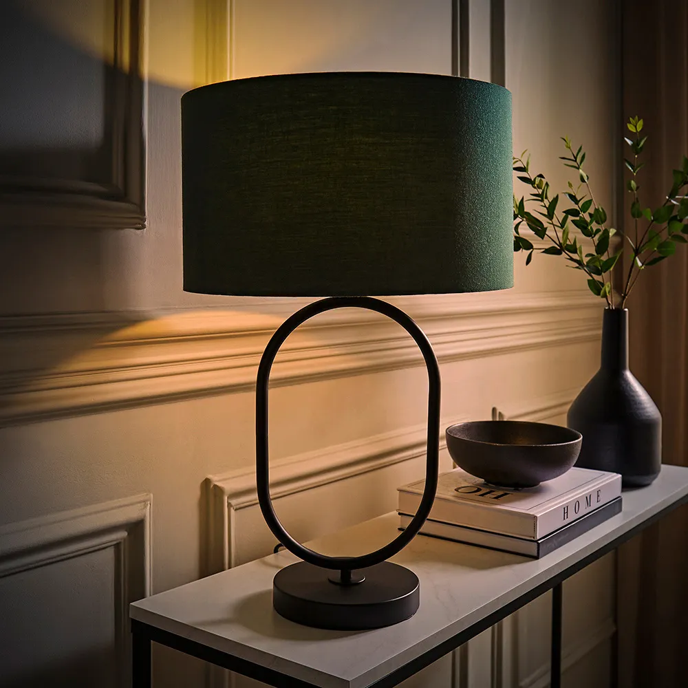 Antonia Oval Table Lamp with Drum Shade - Black, Fabric