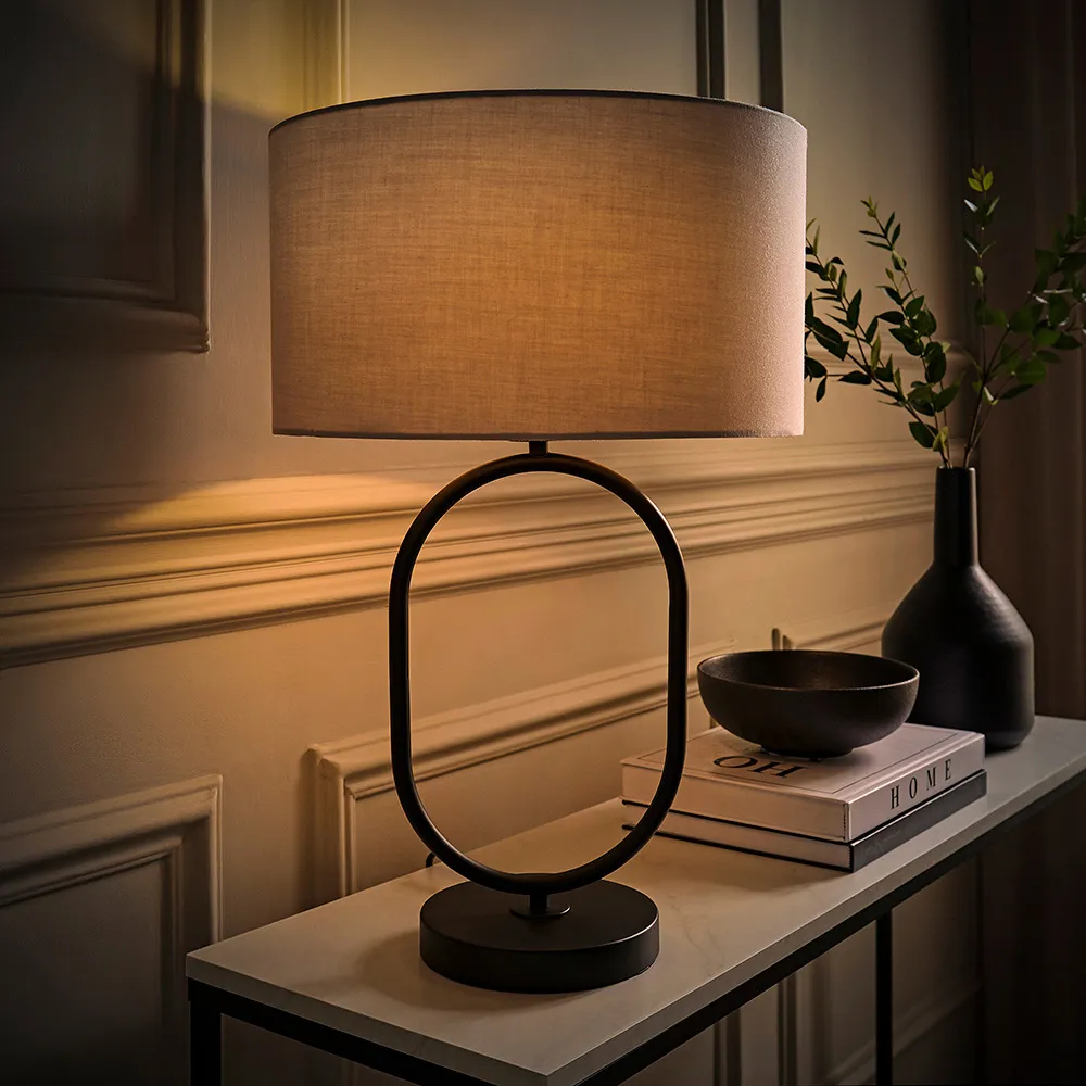 Antonia Oval Table Lamp with Drum Shade - Black, Fabric
