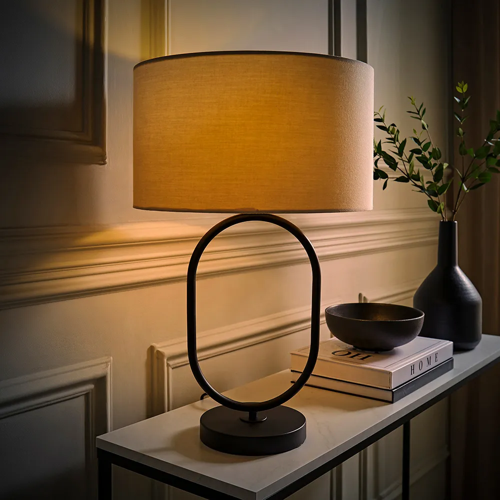 Antonia Oval Table Lamp with Drum Shade - Black, Fabric