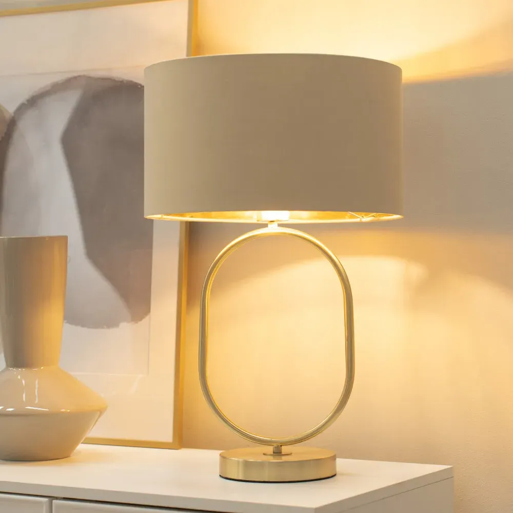 Antonia Oval Table Lamp with Drum Shade - Gold, Fabric