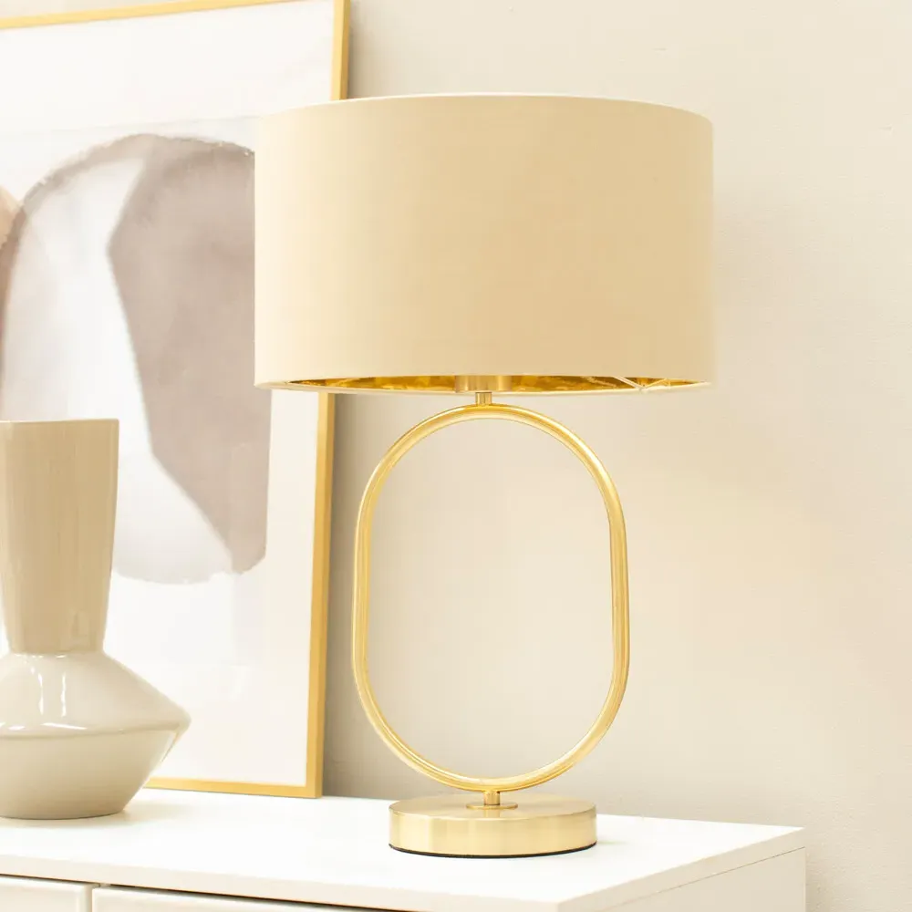 Antonia Oval Table Lamp with Drum Shade - Gold, Fabric