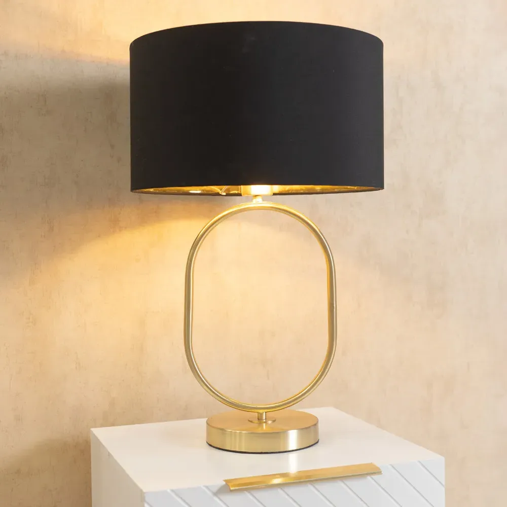 Antonia Oval Table Lamp with Drum Shade - Gold, Fabric