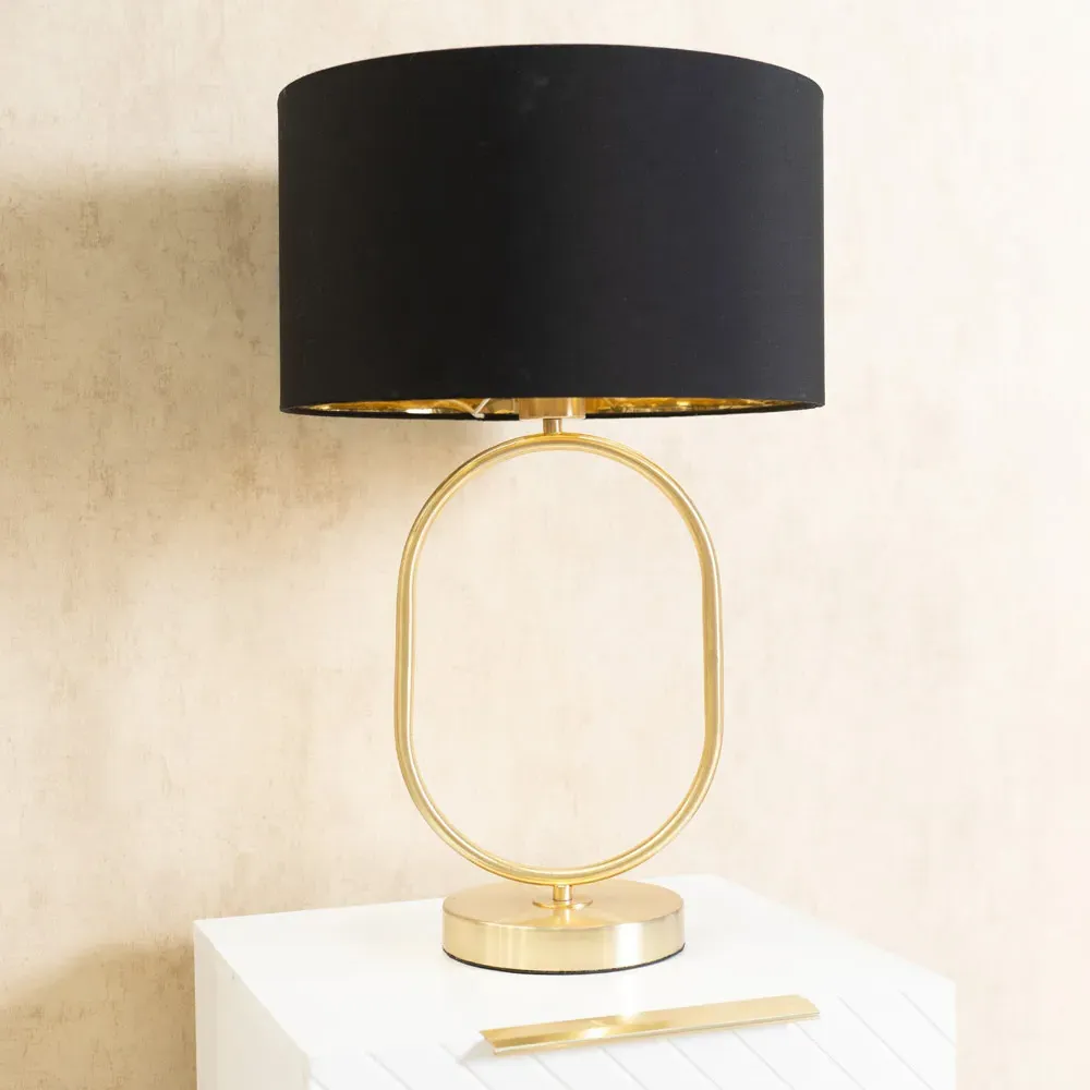 Antonia Oval Table Lamp with Drum Shade - Gold, Fabric