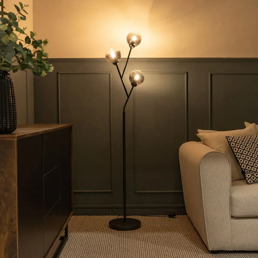 Aria 3 Way LED Floor Lamp - Black, Smoked Glass