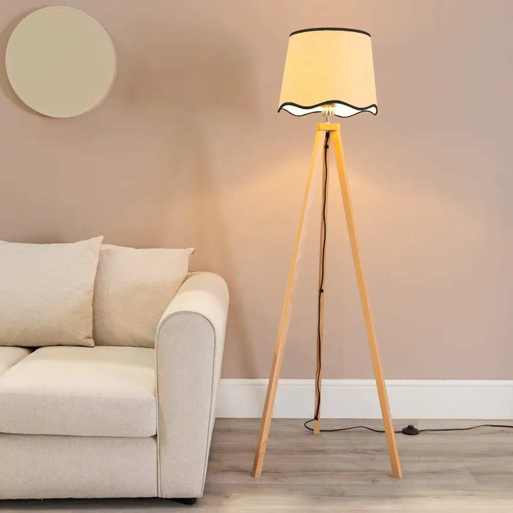 Barbro Tripod Floor Lamp with Black Trim Scallop Shade - Natural