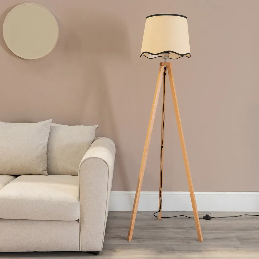 Barbro Tripod Floor Lamp with Black Trim Scallop Shade - Natural