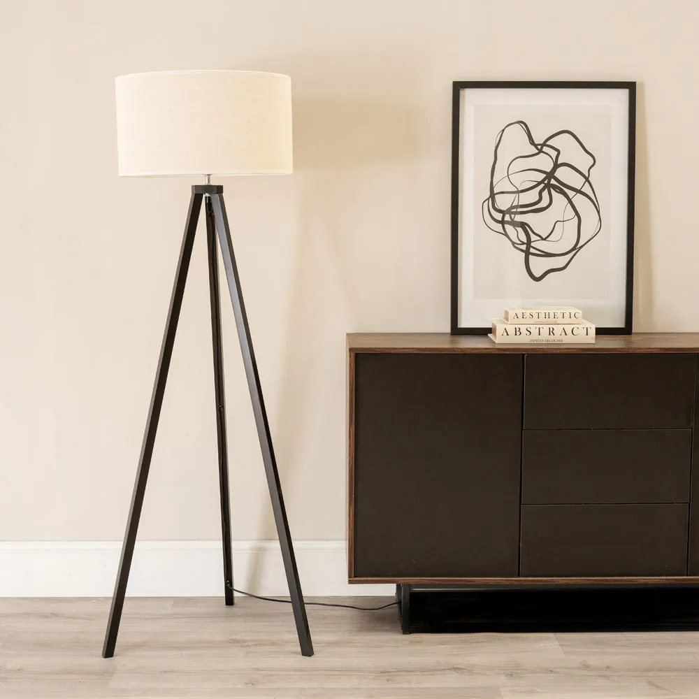 Barbro Tripod Floor Lamp with Drum Shade - Black, Wood