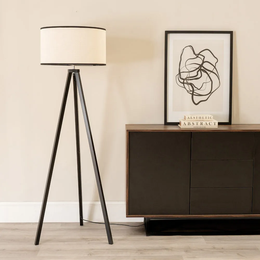 Barbro Tripod Floor Lamp with Drum Shade - Black, Wood