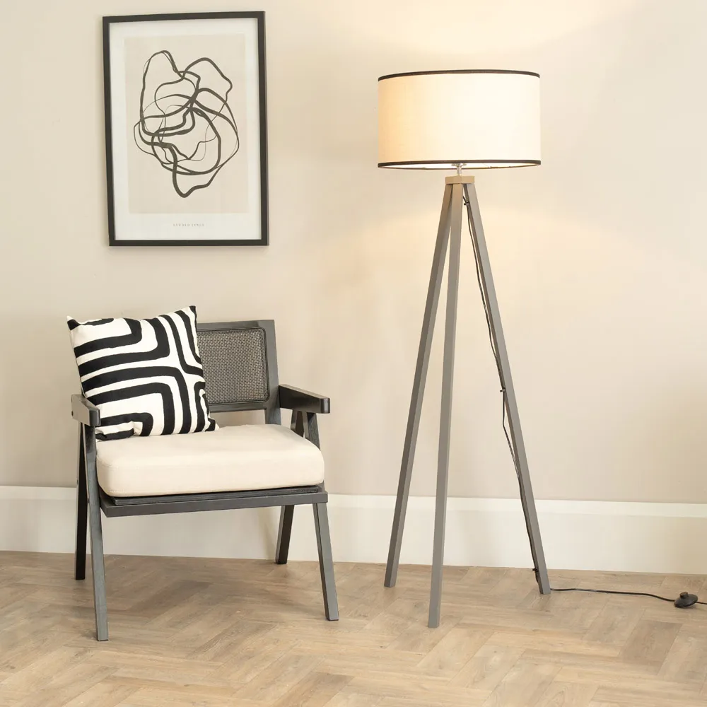 Barbro Tripod Floor Lamp with Drum Shade - Grey, Linen