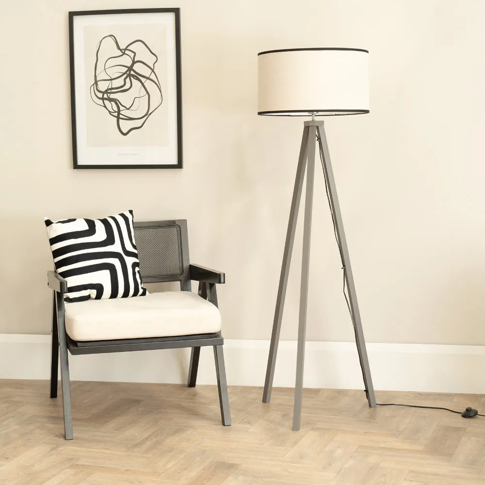 Barbro Tripod Floor Lamp with Drum Shade - Grey, Linen