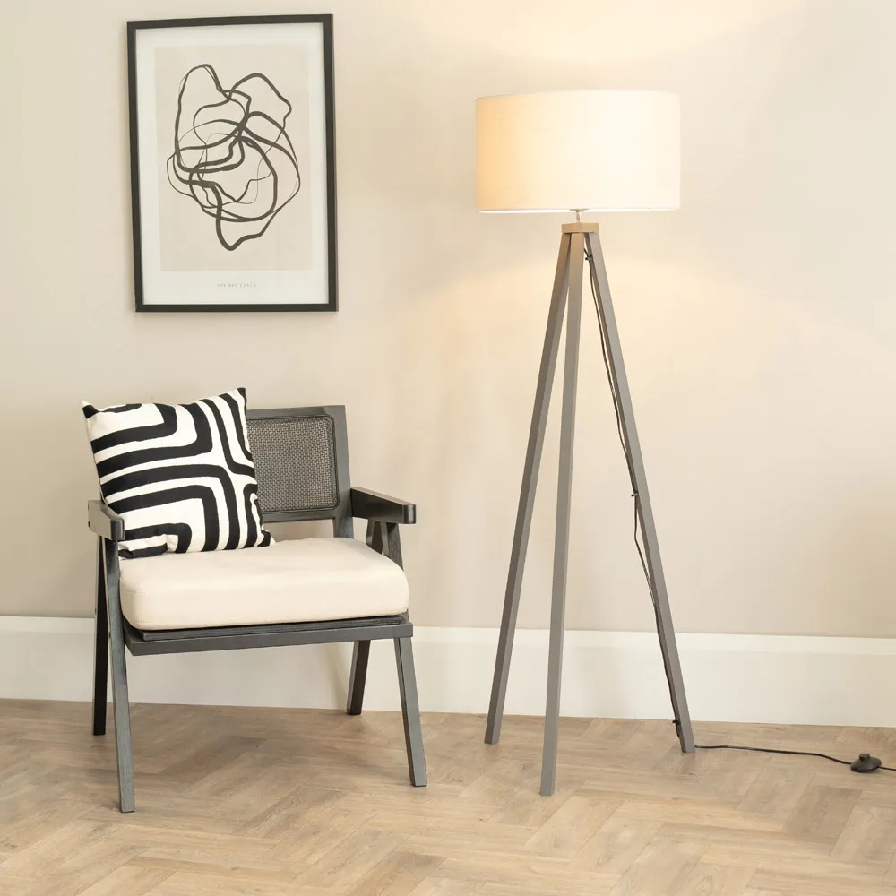 Barbro Tripod Floor Lamp with Drum Shade - Grey, Wood
