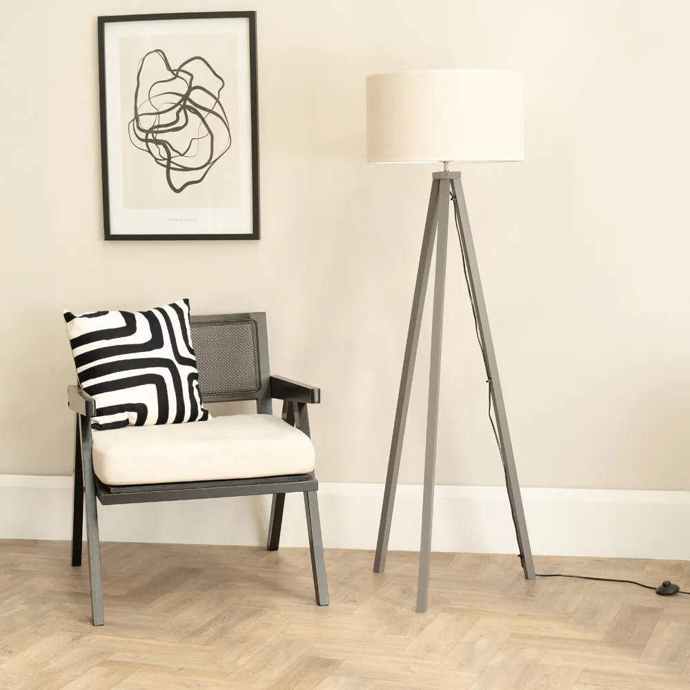 Barbro Tripod Floor Lamp with Drum Shade - Grey, Wood