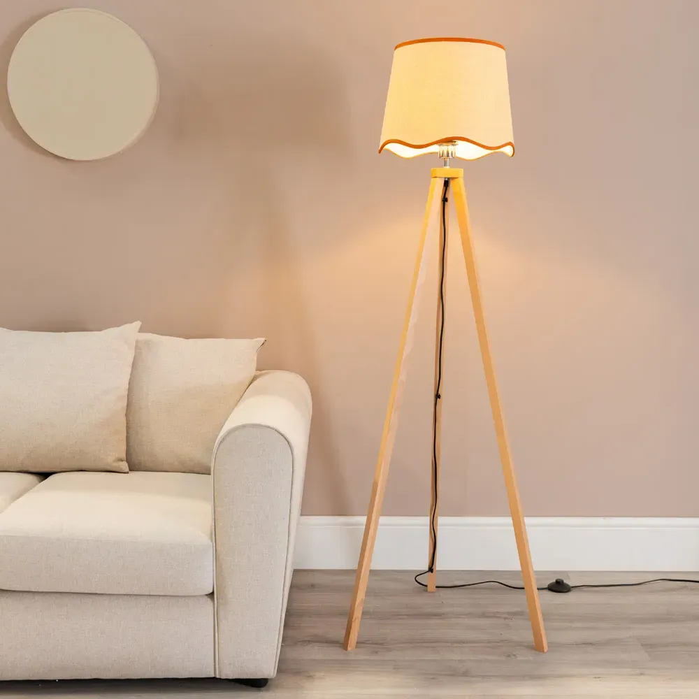 Barbro Tripod Floor Lamp with Rust Trim Scallop Shade - Natural