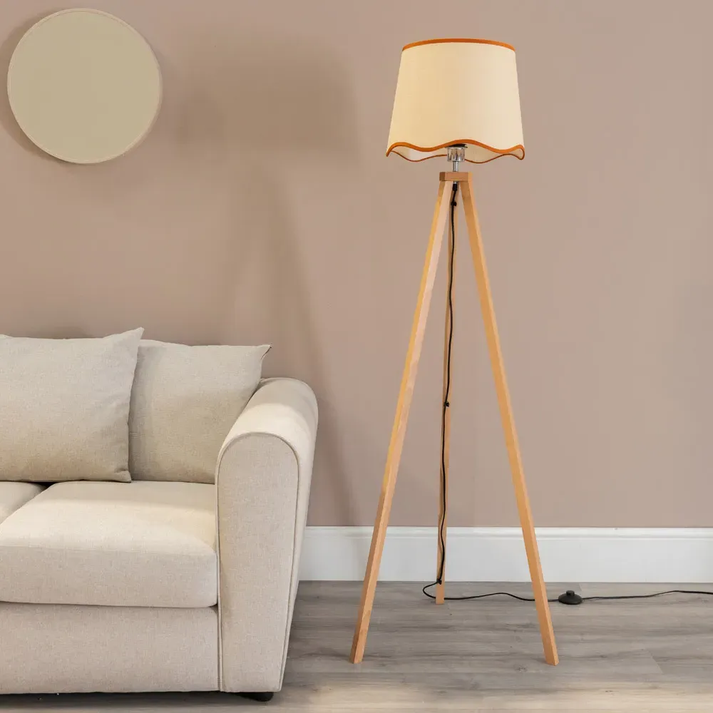 Barbro Tripod Floor Lamp with Rust Trim Scallop Shade - Natural
