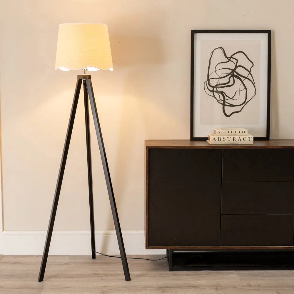 Barbro Tripod Floor Lamp with Scallop Shade - Black, Wood