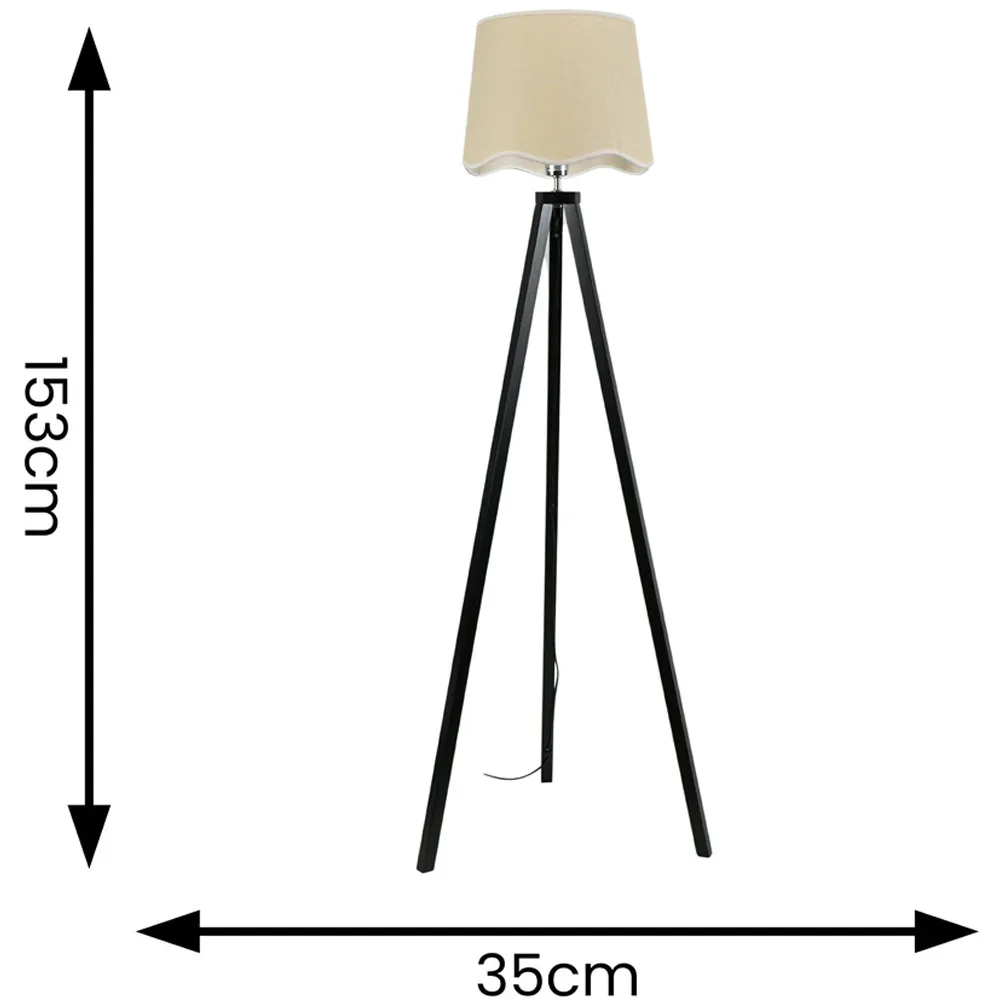 Barbro Tripod Floor Lamp with Scallop Shade - Black, Wood
