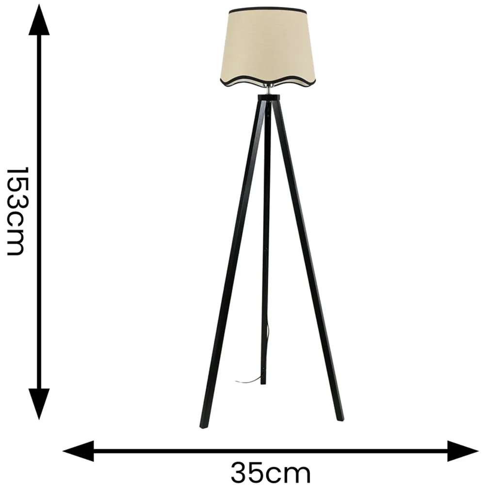 Barbro Tripod Floor Lamp with Scallop Shade - Black, Wood