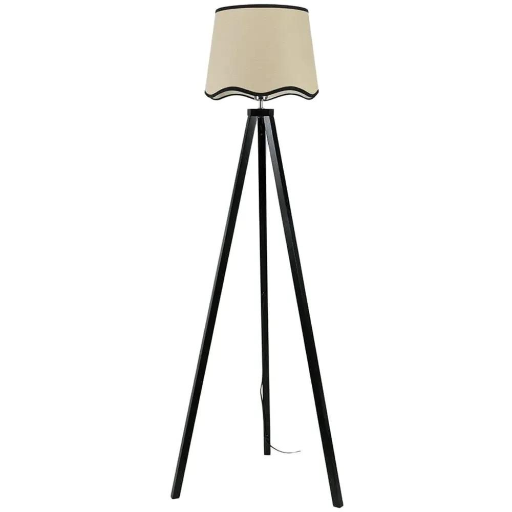 Barbro Tripod Floor Lamp with Scallop Shade - Black, Wood