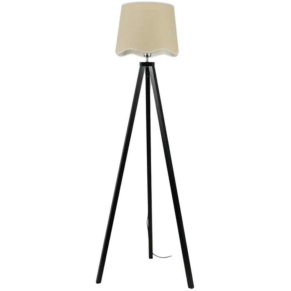 Barbro Tripod Floor Lamp with Scallop Shade - Black, Wood