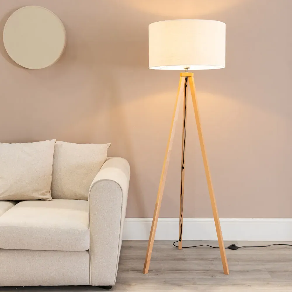 Barbro Tripod Floor Lamp with White Trim Drum Shade - Natural