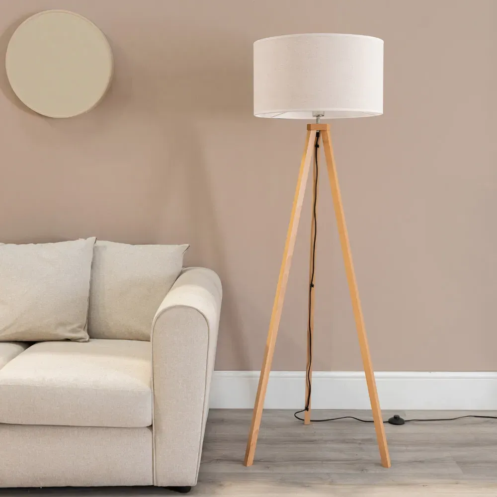 Barbro Tripod Floor Lamp with White Trim Drum Shade - Natural