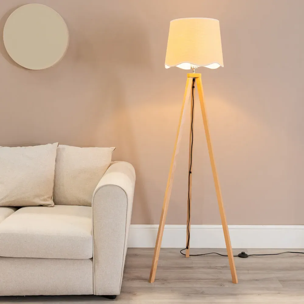 Barbro Tripod Floor Lamp with White Trim Scallop Shade - Natural