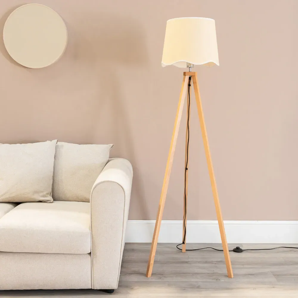 Barbro Tripod Floor Lamp with White Trim Scallop Shade - Natural