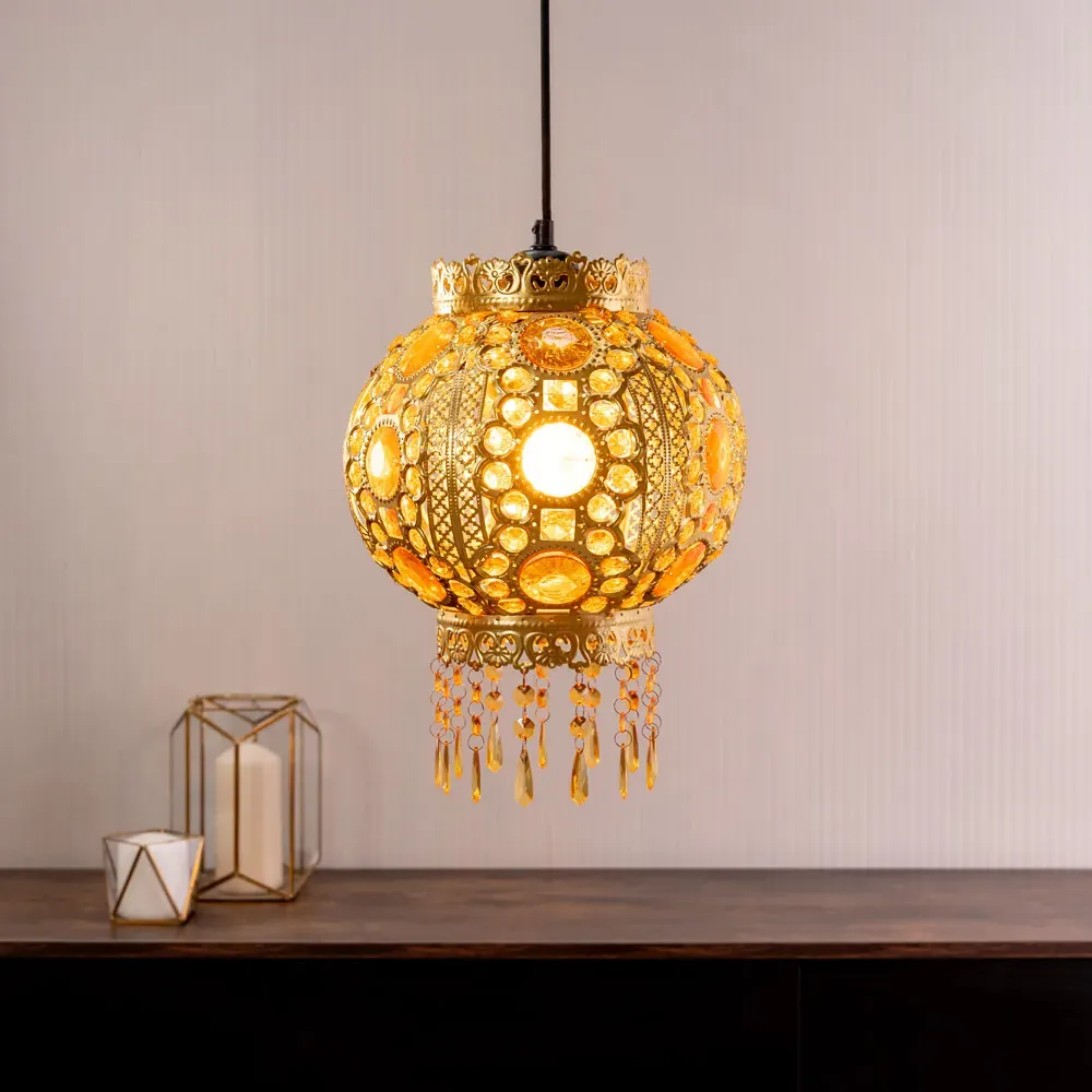 Bazaar Moroccan Chandelier Pendant Shade with Jewel Droplets - Gold