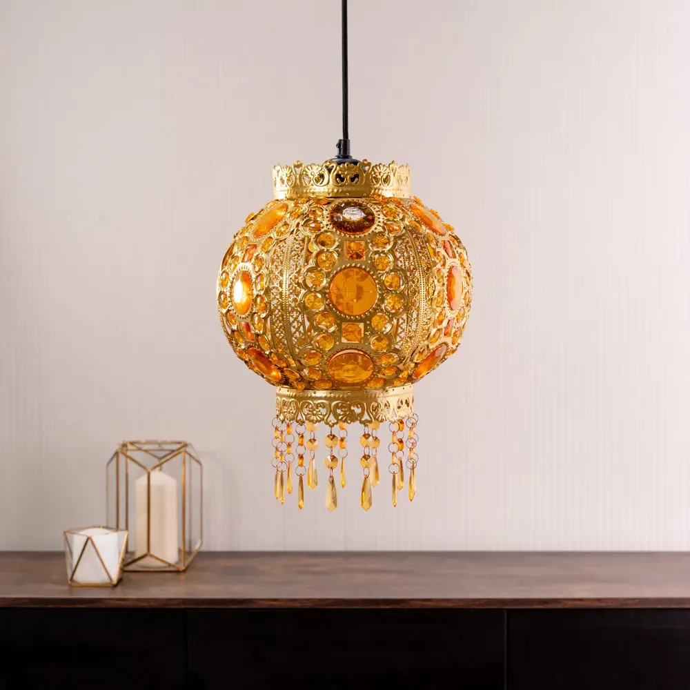 Bazaar Moroccan Chandelier Pendant Shade with Jewel Droplets - Gold