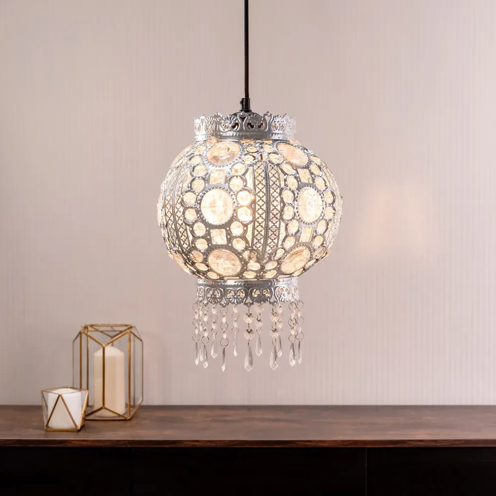 Bazaar Moroccan Chandelier Pendant Shade with Jewel Droplets - Silver