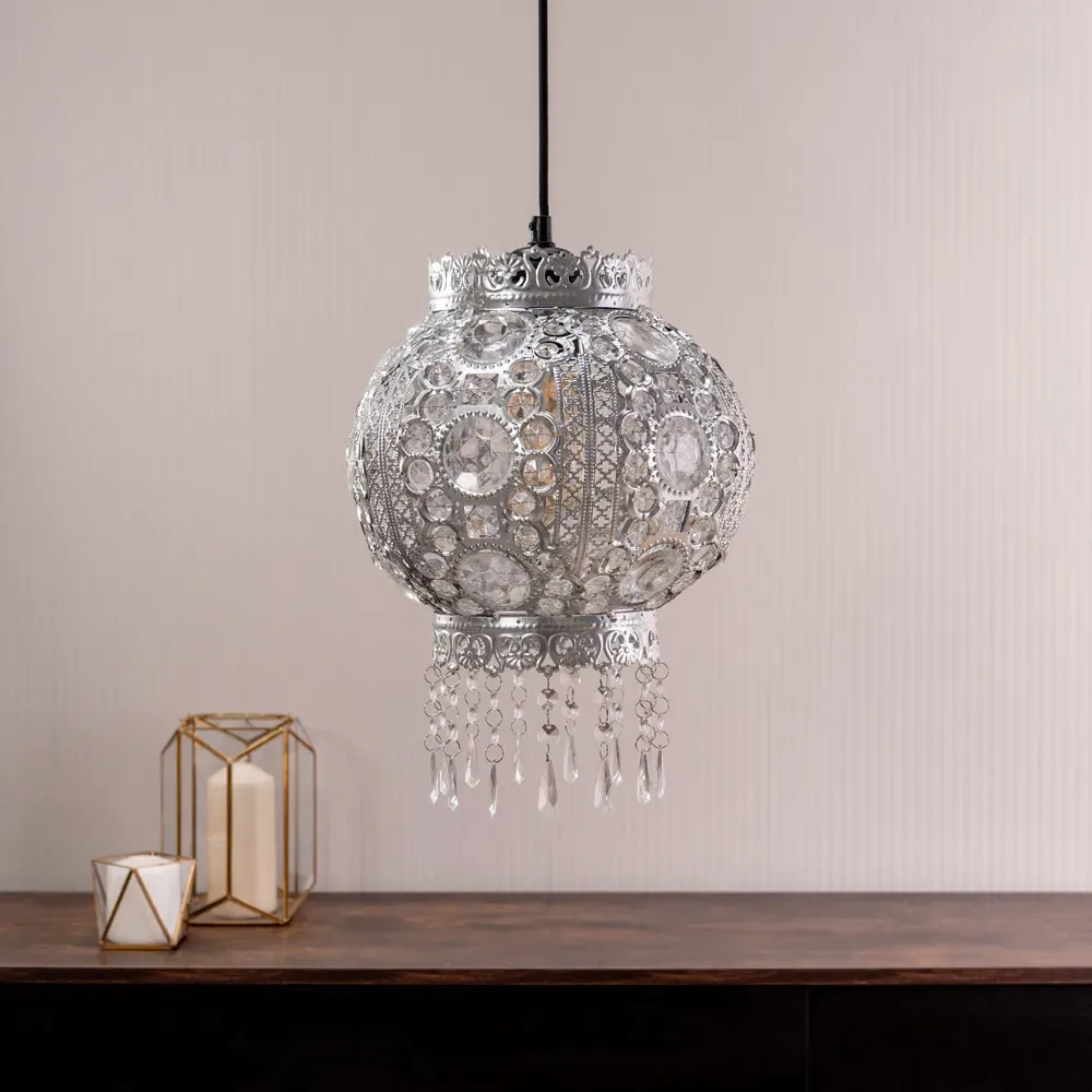 Bazaar Moroccan Chandelier Pendant Shade with Jewel Droplets - Silver