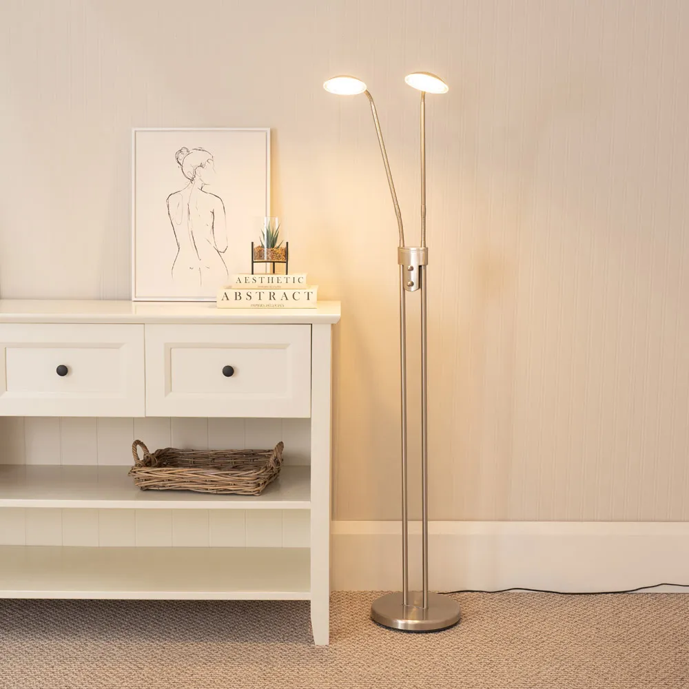 Beata 2 Arm Dimmable LED Floor Lamp - Brushed Silver
