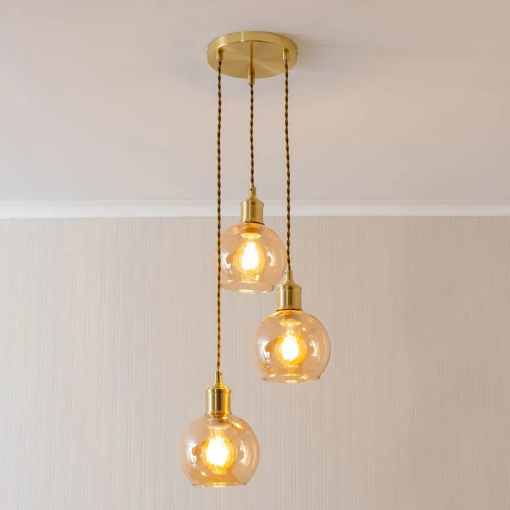 Bellamy 3 Drop Amber Glass Globe Cluster Ceiling Pendant Light - Gold