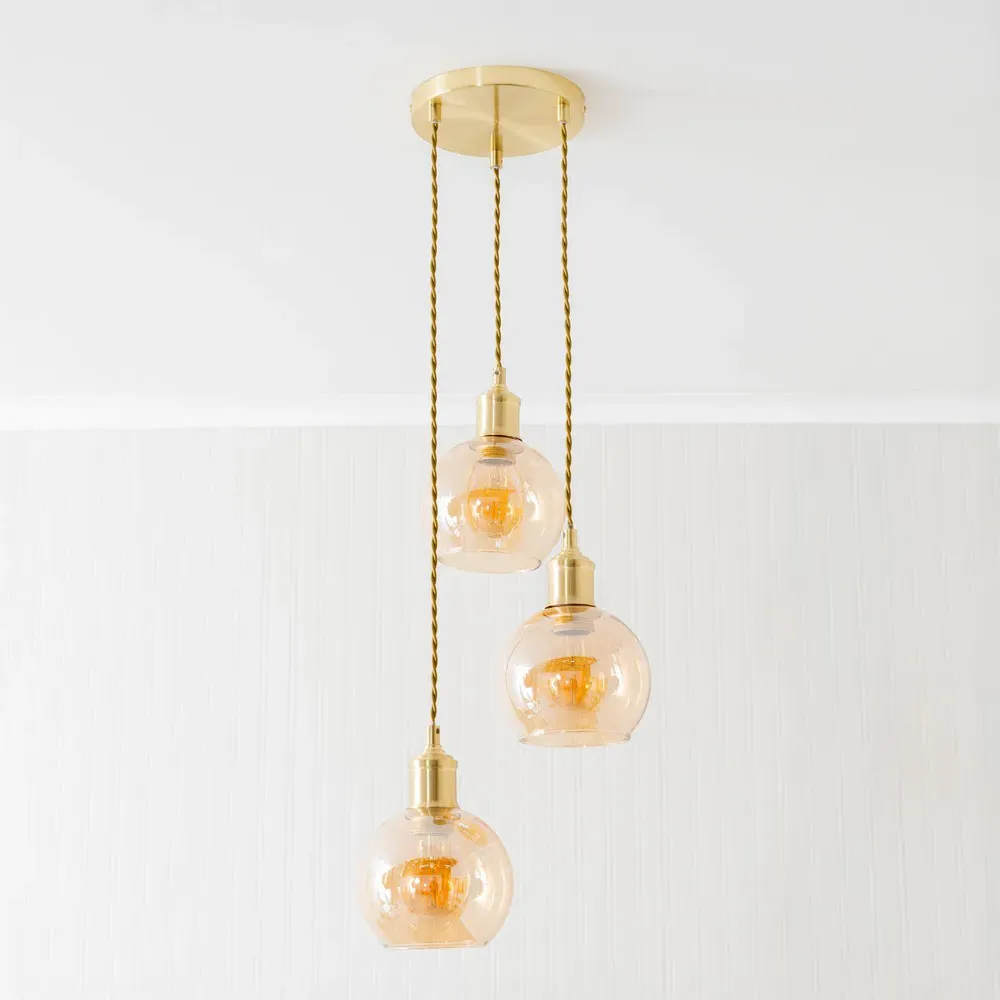 Bellamy 3 Drop Amber Glass Globe Cluster Ceiling Pendant Light - Gold