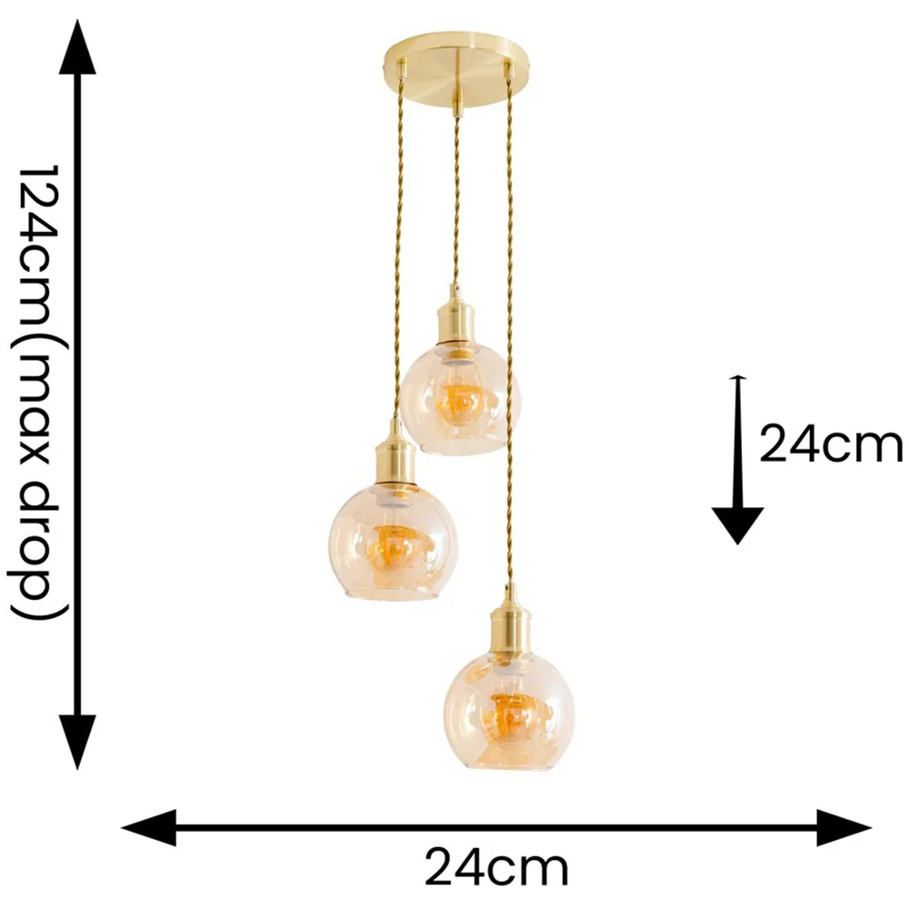 Bellamy 3 Drop Amber Glass Globe Cluster Ceiling Pendant Light - Gold
