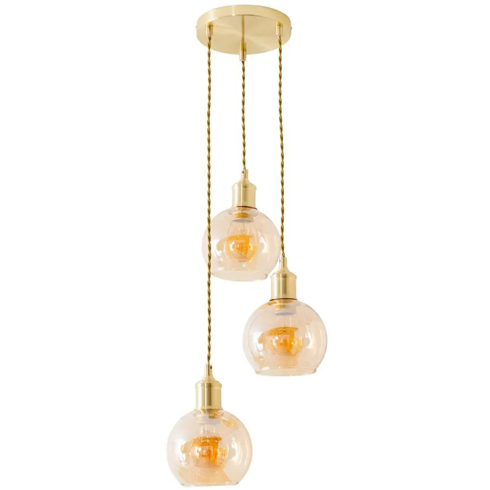 Bellamy 3 Drop Amber Glass Globe Cluster Ceiling Pendant Light - Gold