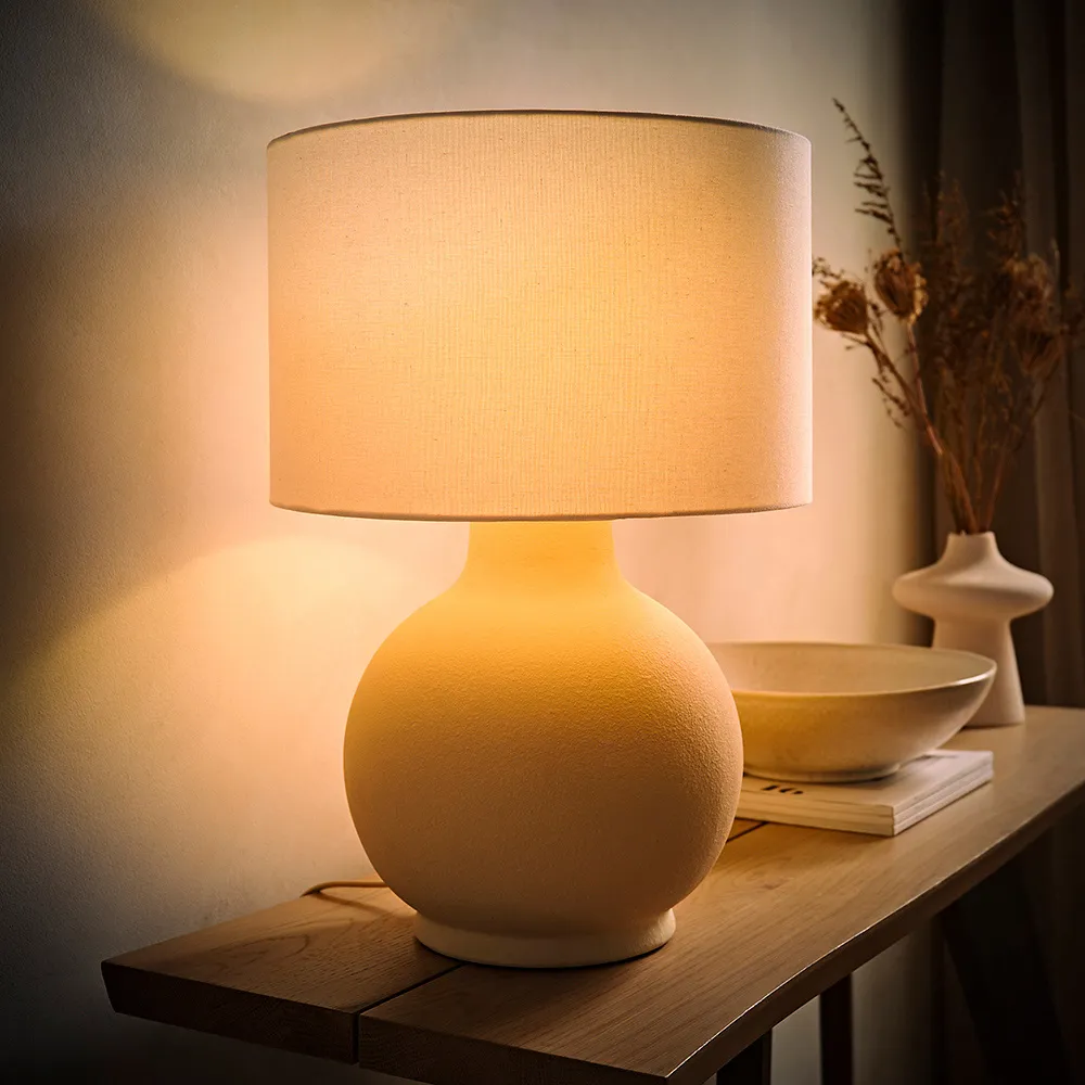 Blair Round Table Lamp with Linen Shade - Beige, Ceramic