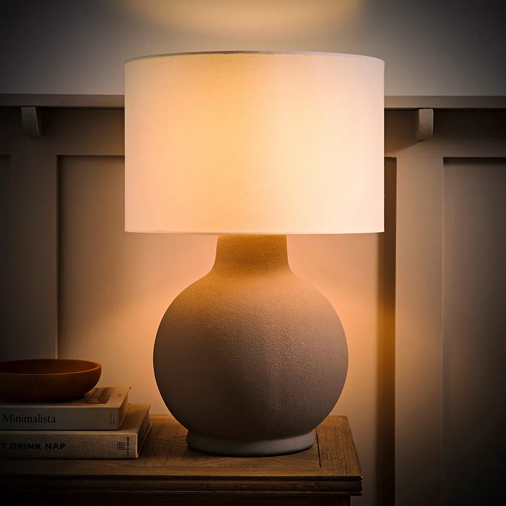 Blair Round Table Lamp with Linen Shade - Grey, Ceramic
