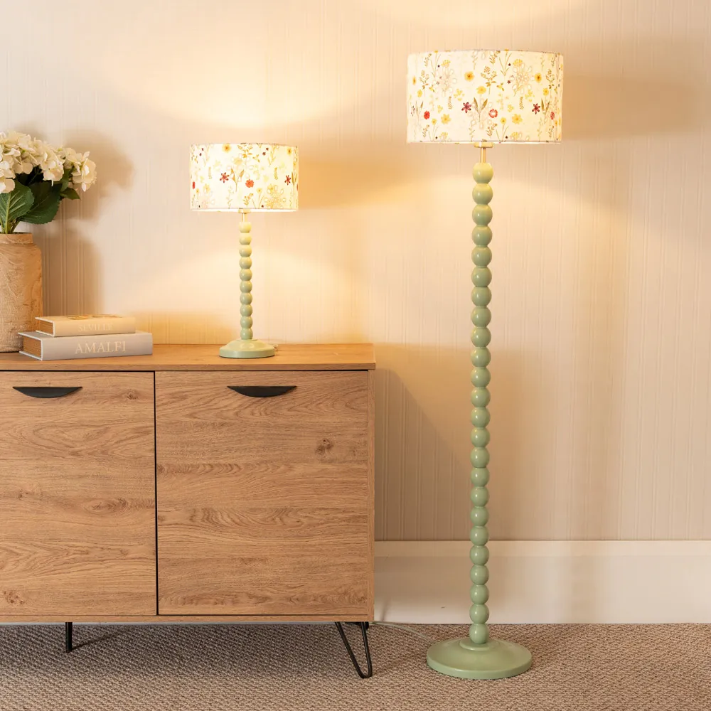 Bobbins Floral Embroidered Drum Shade Floor Lamp - Green